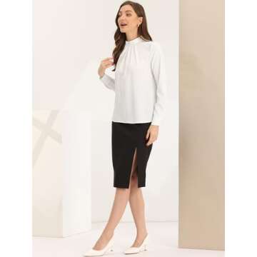 Allegra K Business Dressy Casual Work Tops Shirt for Women's Stand Collar Long Sleeve Blouse Medium White