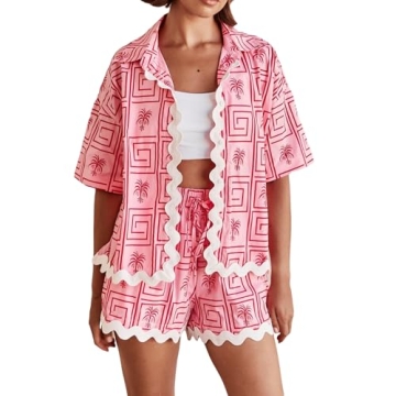 DSORVICD Women 2 Piece Pajamas Outfits Boho Print Short Sleeve Shirt Elastic Waist Shorts Casual Bea...