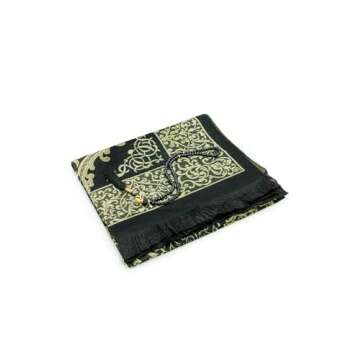 ihvan Online Muslim Prayer Rug and Beads with Portable Elegant Slub Fabric Bag, Janamaz, Sajadah, Soft Islamic Prayers Rug, Islamic Gifts, Prayer Carpet Mat, Taffeta Fabric, Black