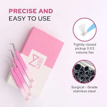 M LASH Eyelash Extension Tweezers (Set of 4) - Professional & Precision Lash Tweezers for Eyelash Extensions - Japanese Steel, Diamond Grip, Fiber Tip (Multi-Color)