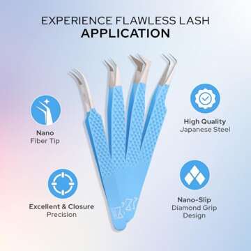 M LASH Eyelash Extension Tweezers (Set of 4) - Professional & Precision Lash Tweezers for Eyelash Extensions - Japanese Steel, Diamond Grip, Fiber Tip (Multi-Color)
