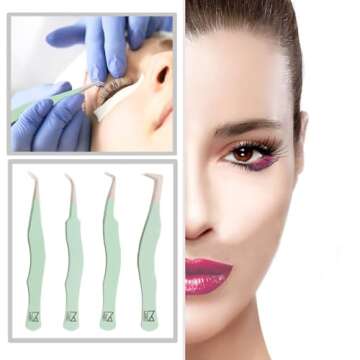 M LASH Eyelash Extension Tweezers (Set of 4) - Professional & Precision Lash Tweezers for Eyelash Extensions - Japanese Steel, Diamond Grip, Fiber Tip (Multi-Color)