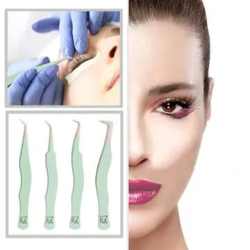 M LASH Eyelash Extension Tweezers (Set of 4) - Professional & Precision Lash Tweezers for Eyelash Extensions - Japanese Steel, Diamond Grip, Fiber Tip (Multi-Color)