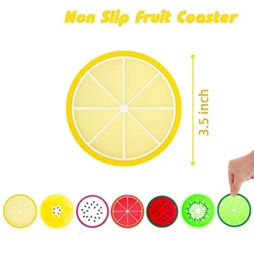 DomeStar Fruit Coaster, 7PCS 3.5" Non Slip Car Coaster Heat Insulation Colorful Unique Slice Silicone Drink Cup Mat for Drinks Prevent Furniture and Tabletop Car Decor