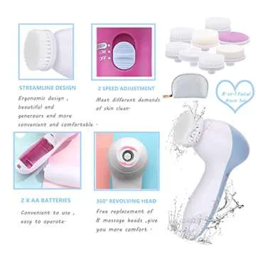 8-in-1 Facial Brush Set, Waterproof Facial Cleansing Brush Exfoliating Brush Mini Beauty Skin Brush Massager for Deep Cleansing, Gentle Exfoliating, Removing Blackhead & Massaging (Light Blue)