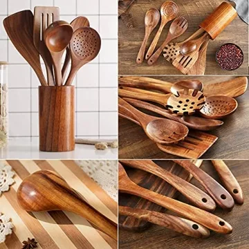 7Pcs Teak Wooden Kitchen Utensil Set Durable Heat-Resistant