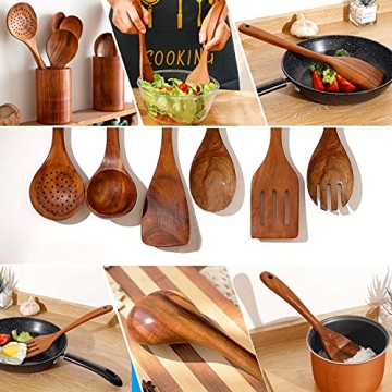7Pcs Teak Wooden Kitchen Utensil Set Durable Heat-Resistant
