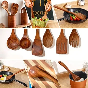 7Pcs Teak Wooden Kitchen Utensil Set Durable Heat-Resistant
