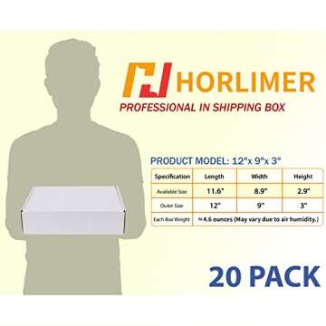 HORLIMER 12x9x3 inches Shipping Boxes Set of 20, White Corrugated Cardboard Box Literature Mailer