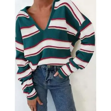 EVALESS Striped Sweater Women V Neck Casual Long Sleeve Ribbed Casual Henley Shirt Contrast Business...