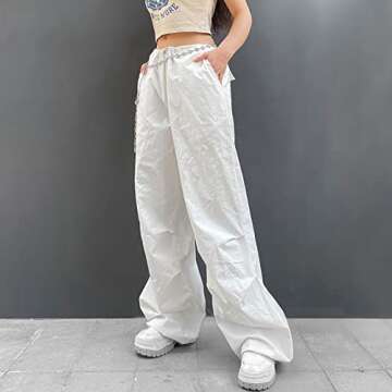 Women's Low Waist Cargo Pants Casual Solid Color Harajuku Vintage Y2K Low Rise Baggy Jogger Relaxed Cinch Pants(B-White,Small)