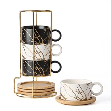 LUKA Porcelain Espresso Cup with Metal Stand, 6 Ounce Stackable Ceramic Demitasse Espresso Mugs Capp...