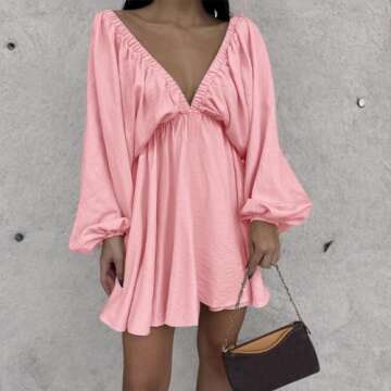 LOFAAC 2024 Women Sexy Deep V Neck Puff Long Sleeve Mini Dress Backless High Waist Ruffle Short Dress Party Club Dress Pink