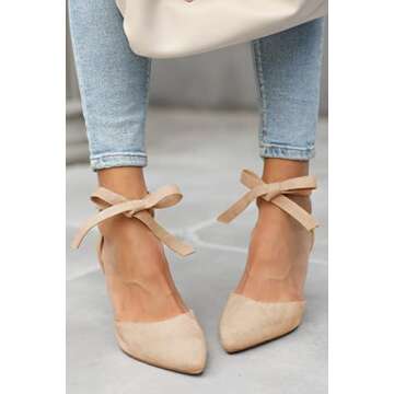 Womens High Heel Pointed Toe Pumps Ankle Tie Classic Office Special Dress Party Shoes Nude