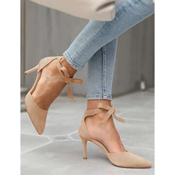 Womens High Heel Pointed Toe Pumps Ankle Tie Classic Office Special Dress Party Shoes Nude