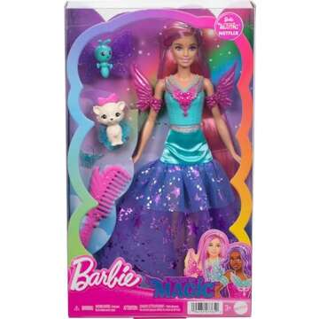 Barbie Doll with 2 Fantasy Pets & Dress, Malibu” Inspired by The Movie A Touch of Magic, 7-inch Long Hair