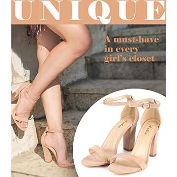 Ankis Nude Heels for Women - Open Toe Ankle Strap Chunky Heel Pump Sandals Party Wedding Strappy Buc...
