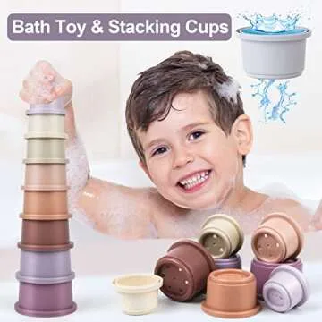 Baby Stacking Cup for Toddler 1-3, 8PCS Counting Nesting Measuring Set, Stackable Bath Toy for 6-12 Months Kids, Educational Montessori Gift for Boys and Girls, Natural Sugarcane Container for Rabbits