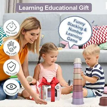 Baby Stacking Cup for Toddler 1-3, 8PCS Counting Nesting Measuring Set, Stackable Bath Toy for 6-12 Months Kids, Educational Montessori Gift for Boys and Girls, Natural Sugarcane Container for Rabbits