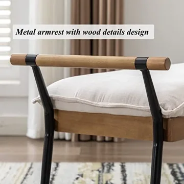 DUOMAY Modern Rectangle Ottoman Bench with Arms and Metal Legs, Mid Century Chenille Fabric Dining Table Bench Footstool Entryway Shoe Bench for Dining Room Bedroom Living Room, White