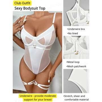 Kaei&Shi Teddy Lingerie for Women,Underwire Cami Corset Backless Sheer Mesh Bodysuit,Snap Crotch Tho...