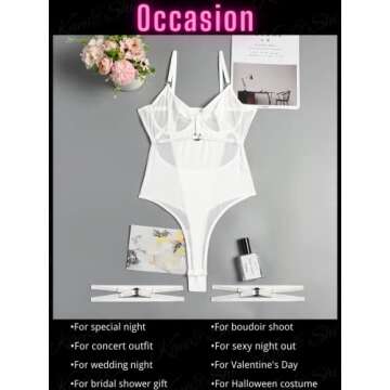 Kaei&Shi Teddy Lingerie for Women,Underwire Cami Corset Backless Sheer Mesh Bodysuit,Snap Crotch Thong One Piece Sexy Body Suit Bridal Wedding Honeymoon White Medium