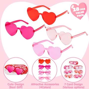 JOYIN 28 Packs Valentine's Day Heart Shaped Sunglasses with Cards, Classroom Exchange Gift for Kids, Classroom Holiday Prizes, Stylish Eyewear in Vibrant Colors, Heart Shaped Glasses Party Favors
