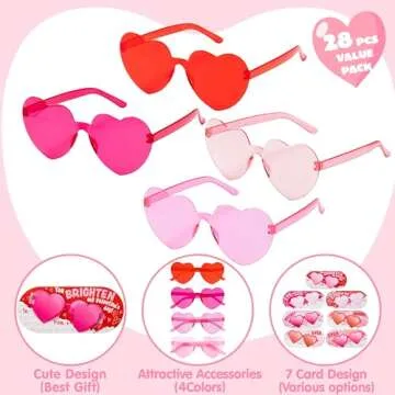 JOYIN 28 Packs Valentine's Day Heart Shaped Sunglasses with Cards, Classroom Exchange Gift for Kids, Classroom Holiday Prizes, Stylish Eyewear in Vibrant Colors, Heart Shaped Glasses Party Favors