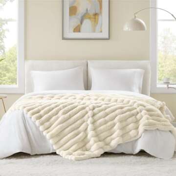 Hyde Lane Ultra Soft Faux Rabbit Fur Throw Blanket, Warm Plush Striped Blankets Twin Size – Luxury Home Decor, Fluffy Throws for Couch, Chair, Sofa, 750GSM (Cream, 60"x80")