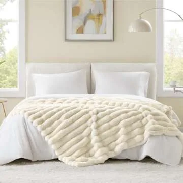 Hyde Lane Ultra Soft Faux Rabbit Fur Throw Blanket, Warm Plush Striped Blankets Twin Size – Luxury Home Decor, Fluffy Throws for Couch, Chair, Sofa, 750GSM (Cream, 60"x80")