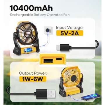 DOWILLDO Camping Fan with LED Lantern, 10400mAh Portable Rechargeable Battery Powered Table Fan with...