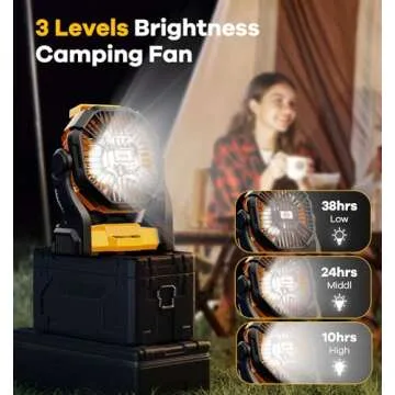 DOWILLDO Camping Fan with LED Lantern, 10400mAh Portable Rechargeable Battery Powered Table Fan with Hook, Camping Gear for Picnic, Fishing, Car or Hurricane Power Outages (Yellow)