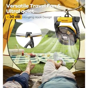 DOWILLDO Camping Fan with LED Lantern, 10400mAh Portable Rechargeable Battery Powered Table Fan with Hook, Camping Gear for Picnic, Fishing, Car or Hurricane Power Outages (Yellow)