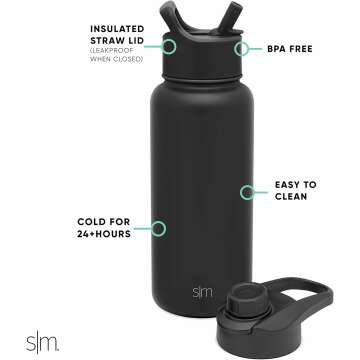 Insulated 32oz Midnight Black Water Bottle with Straw
