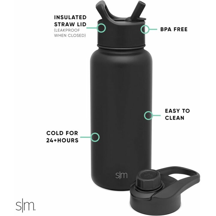 Insulated 32oz Midnight Black Water Bottle with Straw