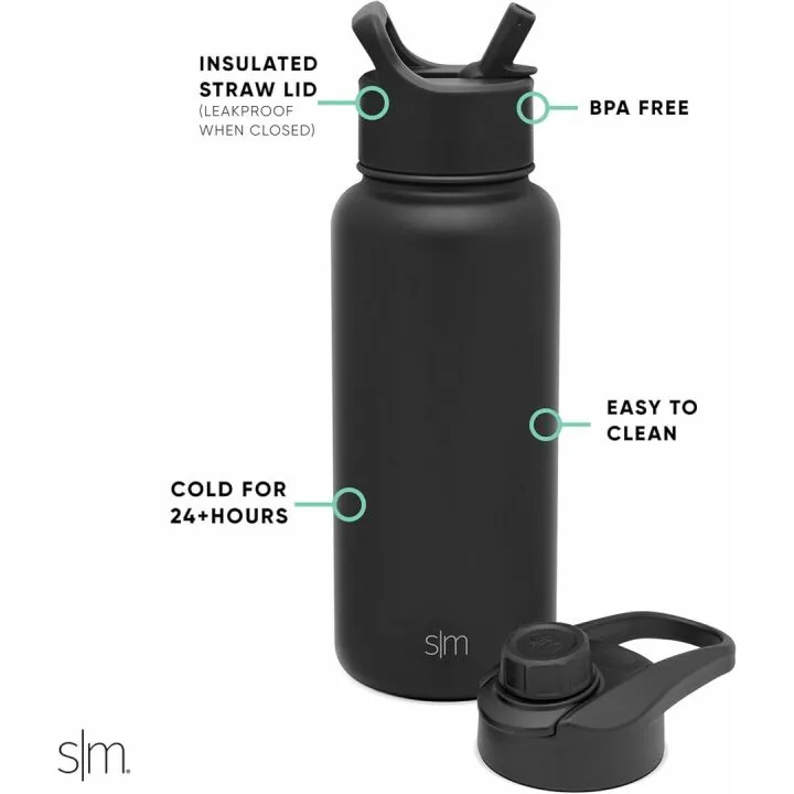 Insulated 32oz Midnight Black Water Bottle with Straw