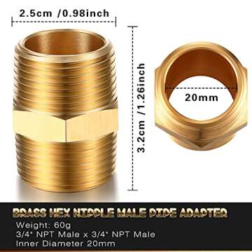 2 Pieces Brass Pipe Fitting NPT Hex Nipple Connector, Durable 3/4 Inch