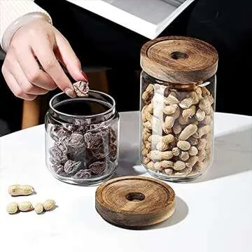 MOLADRI 480ML/16Oz Clear Cute Glass Storage Canister Holder with Stackable Airtight Wood Lid, Modern Decorative Small Container Jar for Coffee, Spice, Candy, Salt, Cookie, Condiment, Pepper, Sugar