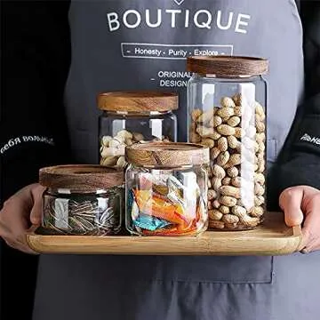 MOLADRI 480ML/16Oz Clear Cute Glass Storage Canister Holder with Stackable Airtight Wood Lid, Modern Decorative Small Container Jar for Coffee, Spice, Candy, Salt, Cookie, Condiment, Pepper, Sugar