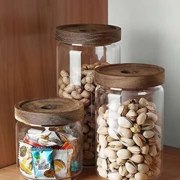MOLADRI 480ML/16Oz Clear Cute Glass Storage Canister Holder with Stackable Airtight Wood Lid, Modern Decorative Small Container Jar for Coffee, Spice, Candy, Salt, Cookie, Condiment, Pepper, Sugar
