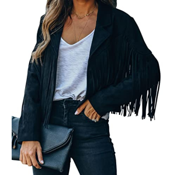 Chouyatou Women's Fashion Notched Collar Open-Front Fringed Jacket for Trendy Style