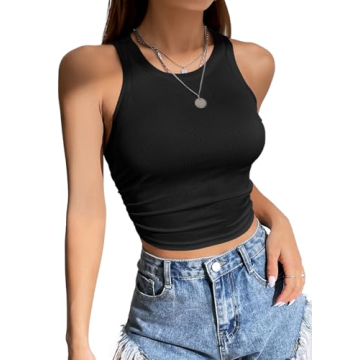 LOLONG Crop Tank Tops for Women Summer Basic Racerback Ribbed Knit Sleeveless Casual Solid Shirts A-...