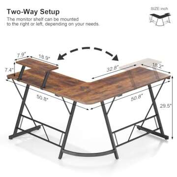 Mr IRONSTONE L Shaped Computer Desk: Corner Desk, Home Office Desk, Gaming Writing Workstation with Large Monitor Stand, Easy to Assemble (Rustic Brown,51 Inch)