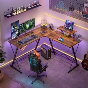 Mr IRONSTONE L Shaped Computer Desk: Corner Desk, Home Office Desk, Gaming Writing Workstation with Large Monitor Stand, Easy to Assemble (Rustic Brown,51 Inch)