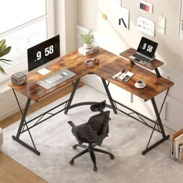 Mr IRONSTONE L Shaped Computer Desk: Corner Desk, Home Office Desk, Gaming Writing Workstation with Large Monitor Stand, Easy to Assemble (Rustic Brown,51 Inch)