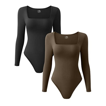 OQQ Women's Sexy Ribbed Bodysuits - 2 Piece Long Sleeve Set