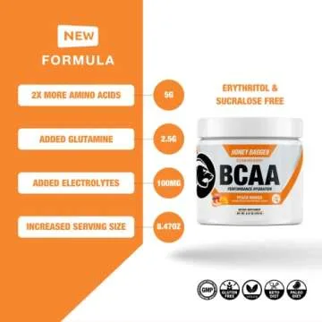 Honey Badger BCAA + EAA Amino Acids Electrolytes Powder, BCAAs + L-Glutamine, Keto, Vegan, Sugar Free for Men & Women, Hydration & Post Workout Muscle Recovery Drink Mix, Peach Mango, 30 Servings