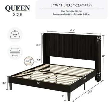 Allewie Queen Size Velvet Bed Frame with Vertical Tufted Headboard - Modern & Elegant Design