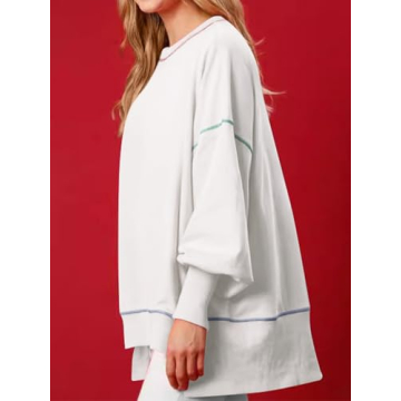 Chvity Women's Casual Crewneck Sweatshirts Long Sleeve Oversized Sweatshirt Trendy Contrast Stitching Fall Pullover Tops White