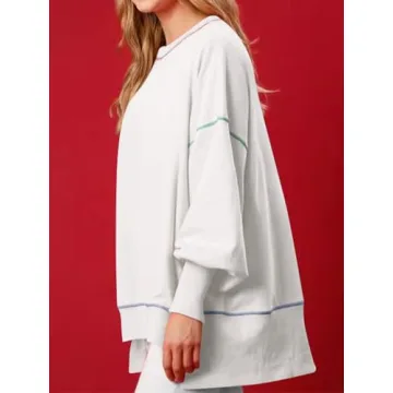 Chvity Women's Casual Crewneck Sweatshirts Long Sleeve Oversized Sweatshirt Trendy Contrast Stitching Fall Pullover Tops White